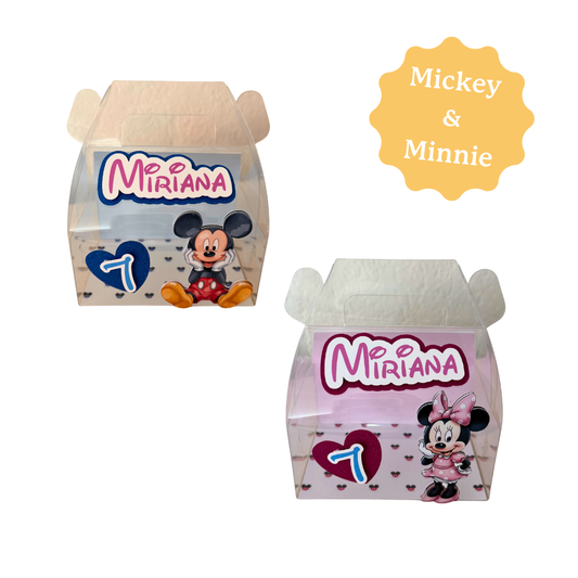 Boite cadeau personnalisée sur le thème de Mickey et Minnie, avec le prénom et l'âge. Idéale pour les petits cadeaux à offrir à un anniversaire d'enfant.