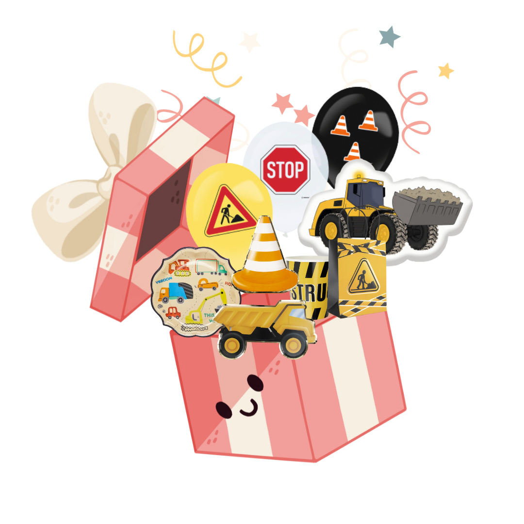 pack de décoration de table pour anniversaire sur le thème chantier, construction, travaux, camion