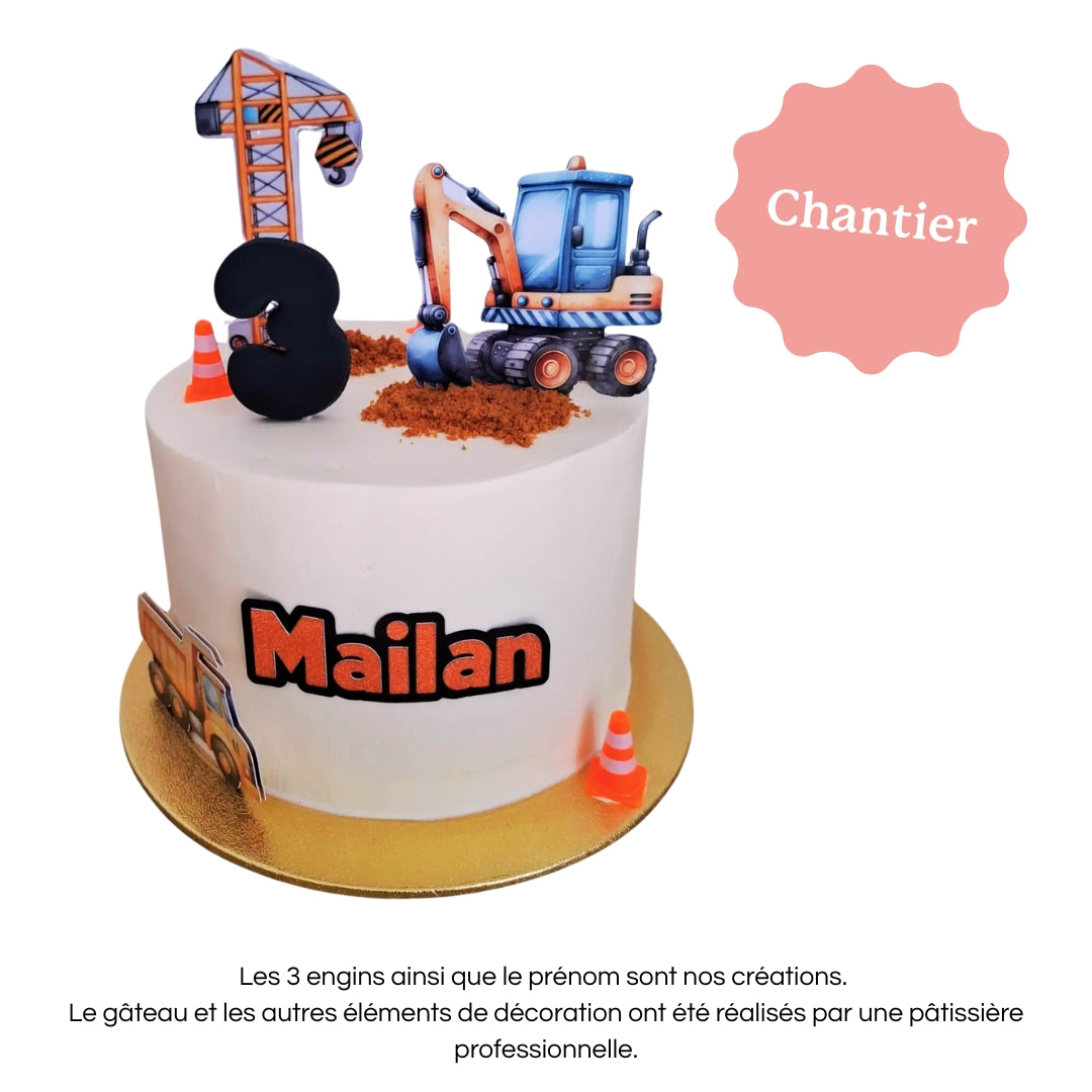 Cake topper personnalisé avec prénom et âge, décoration pour gâteau d’anniversaire chantier, construction.