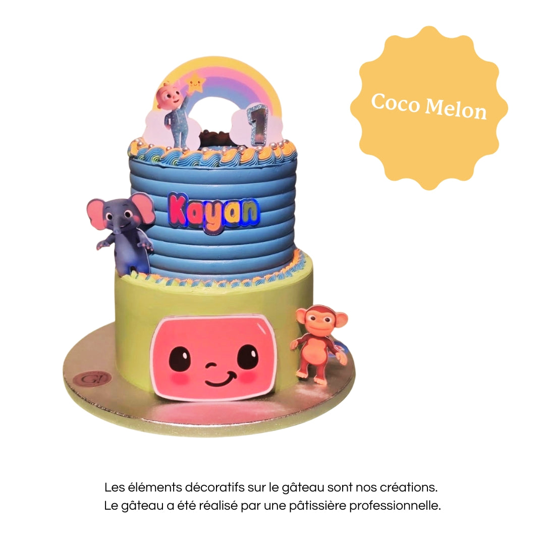 Cake topper personnalisé avec prénom et âge, décoration pour gâteau d’anniversaire coco melon.