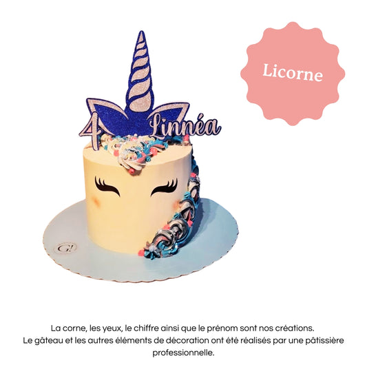 Cake topper personnalisé avec prénom et âge, décoration pour gâteau d’anniversaire licorne.