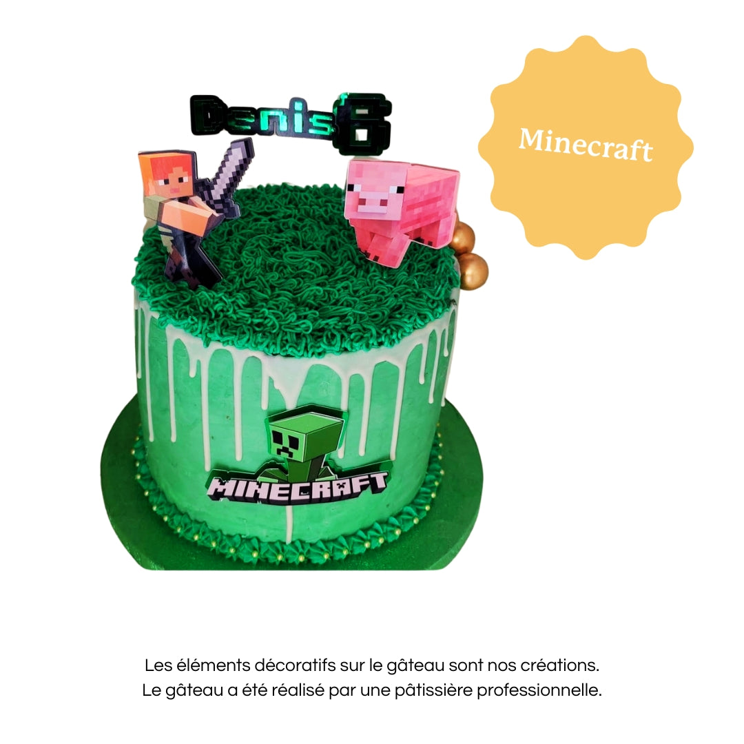 Cake topper personnalisé avec prénom et âge, décoration pour gâteau d’anniversaire minecraft.