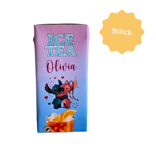 Brique de thé froid Migros personnalisé sur le thème de Stitch et Angel. Sur le thème de ton choix, avec le prénom et l'âge. Idéal pour décorer une table ou comme cadeau souvenir pour un anniversaire.