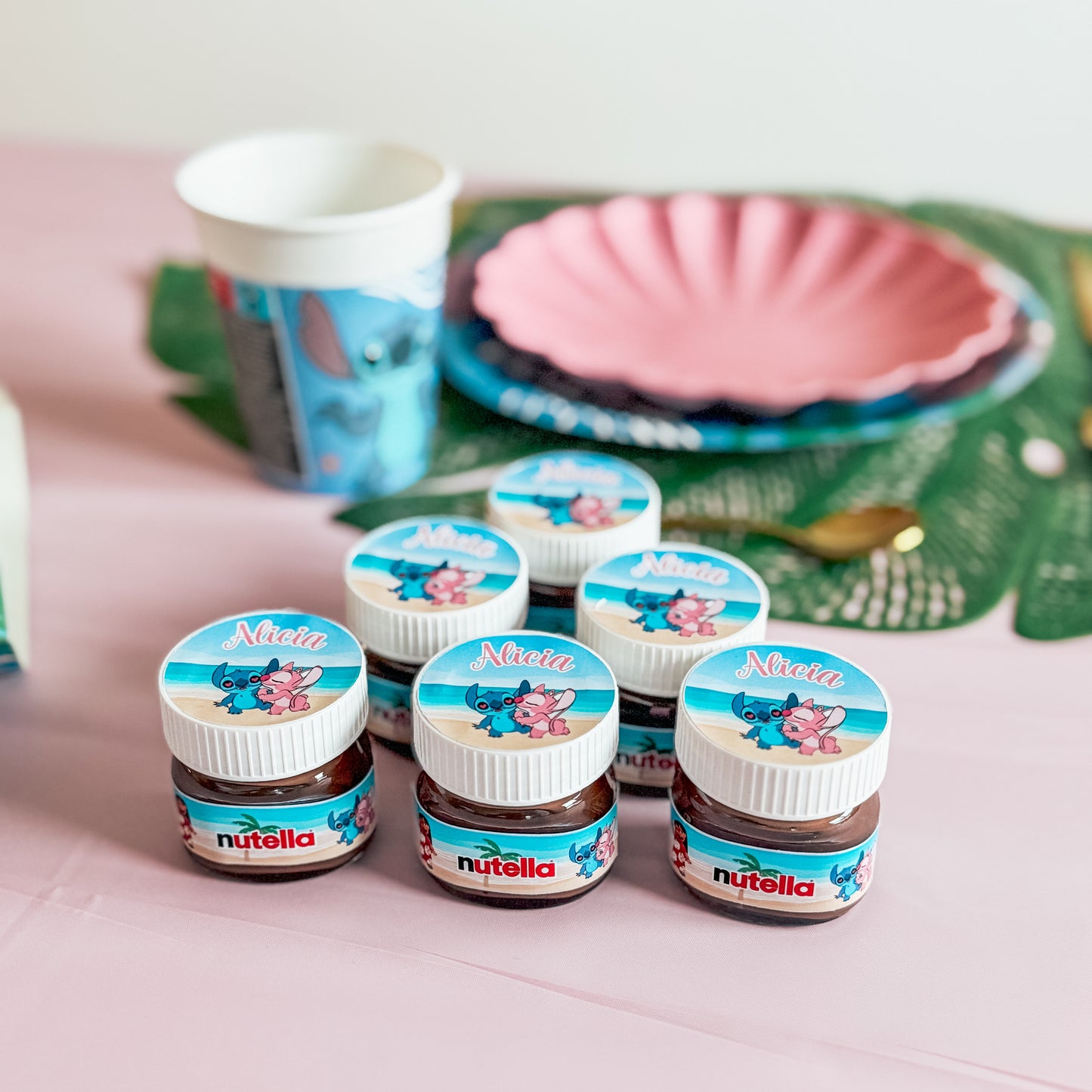 Décoration de table Stitch et Angel pour anniversaire, mini nutella personnalisé