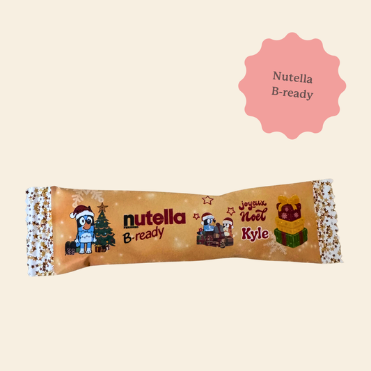 Nutella B-ready de Noël pour enfant personnalisé avec son prénom et son héro préféré. Bluey, Spiderman, Pat'patrouille, La Reine des neiges, tous les personnages sont possibles.