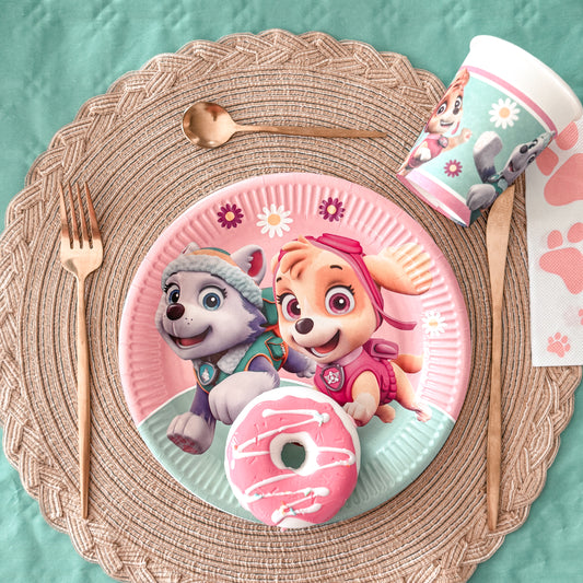 décoration de table pour anniversaire sur le thème pat'patrouille Stella et Everest