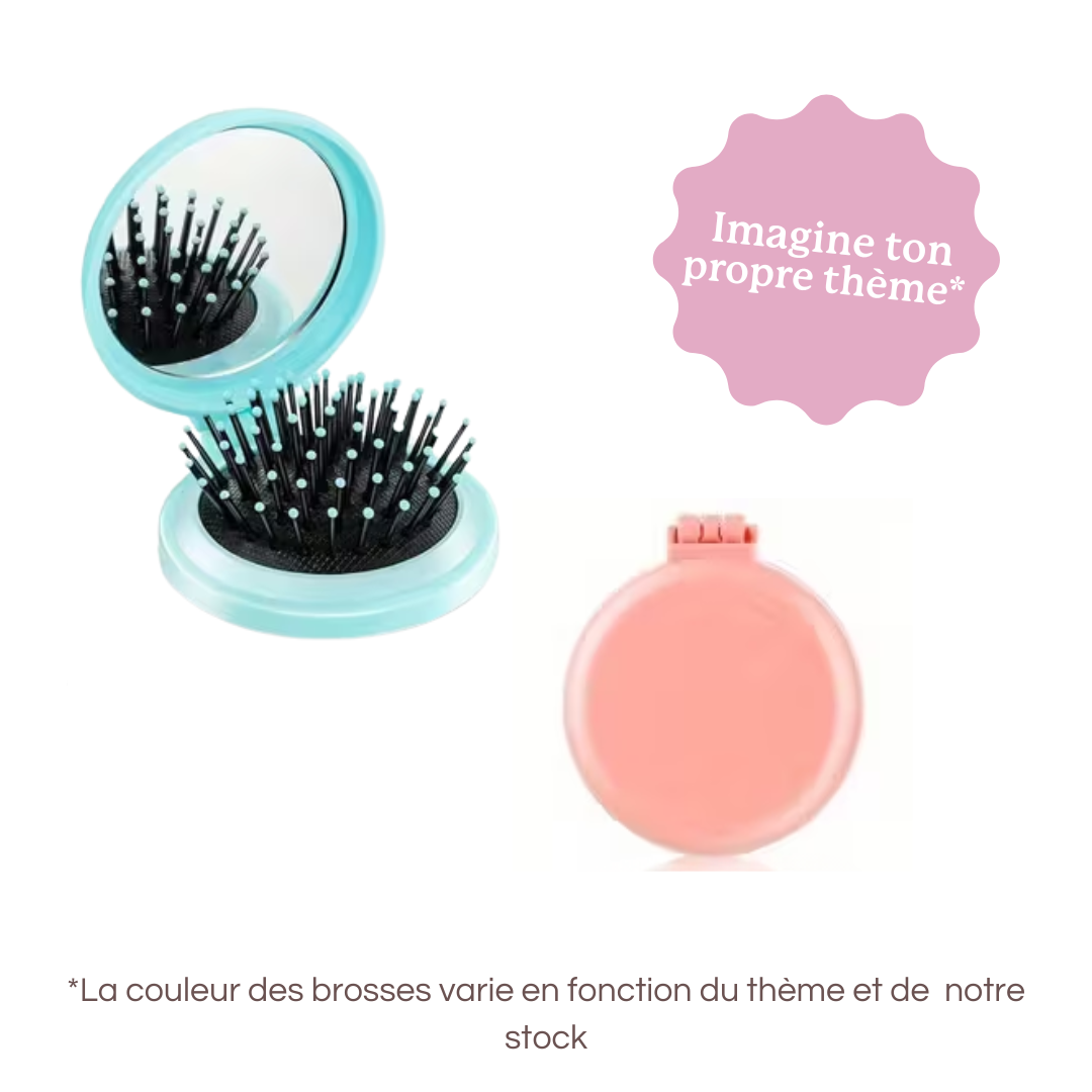 Brosse à cheveux pliable avec miroir intégré, personnalisée avec prénom, sur le thème de ton choix, imagine ton propre thème.