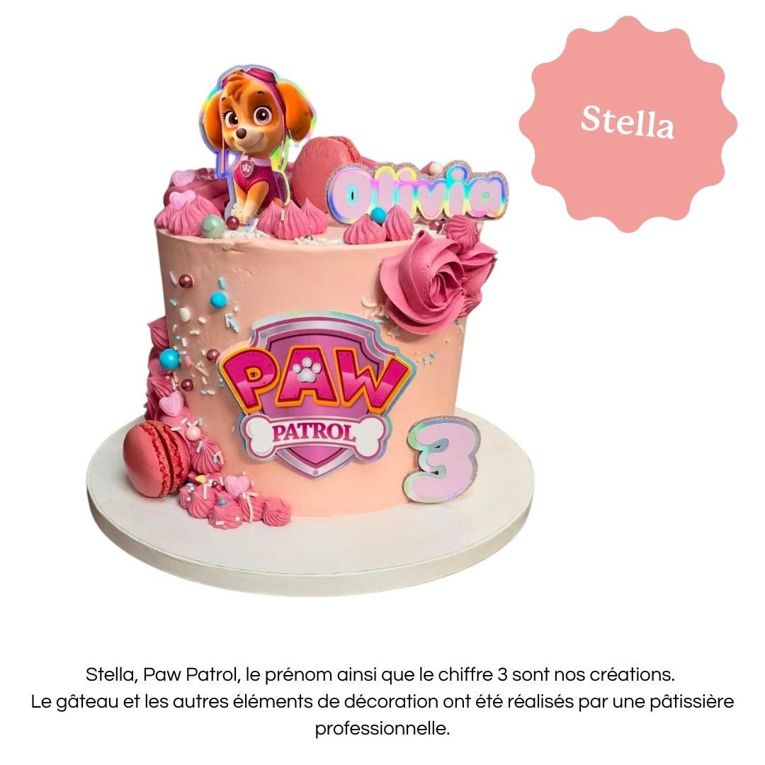 Cake topper personnalisé avec prénom et âge, décoration pour gâteau d’anniversaire Pat'Patrouille, Stella.