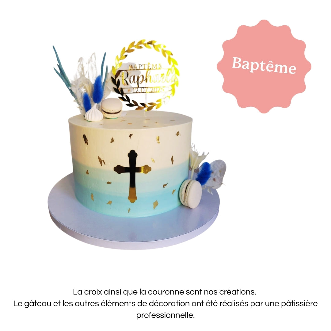 Cake topper personnalisé avec prénom et date, décoration pour gâteau de baptême.