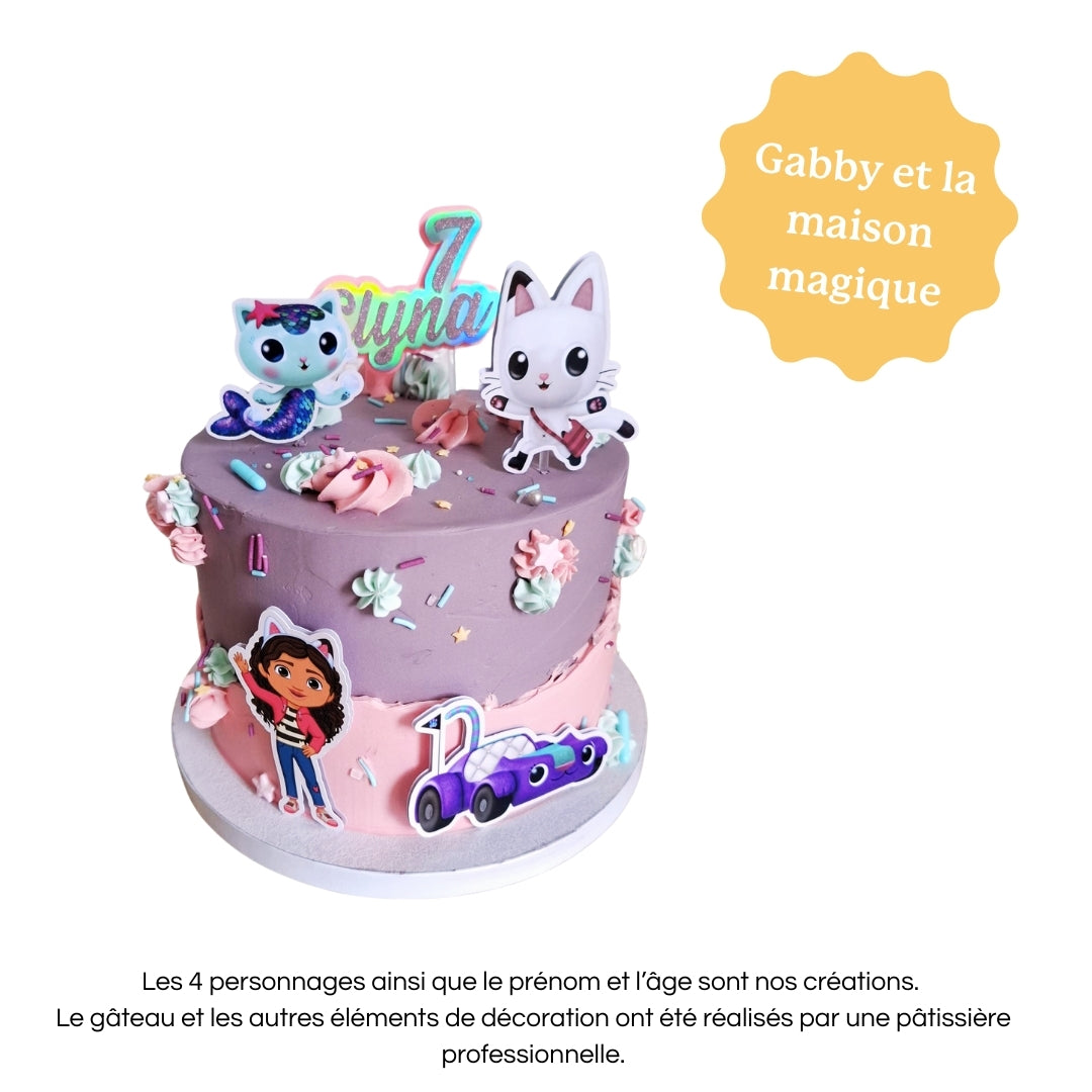 Cake topper personnalisé avec prénom et âge, décoration pour gâteau d’anniversaire Gabby et la maison magique.
