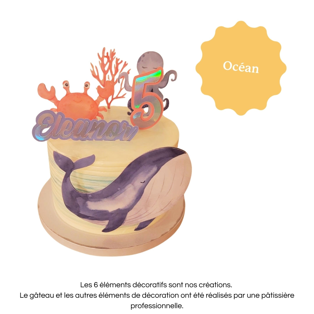 Cake topper personnalisé avec prénom et âge, décoration pour gâteau d’anniversaire mer, baleine, pieuvre, crabe.