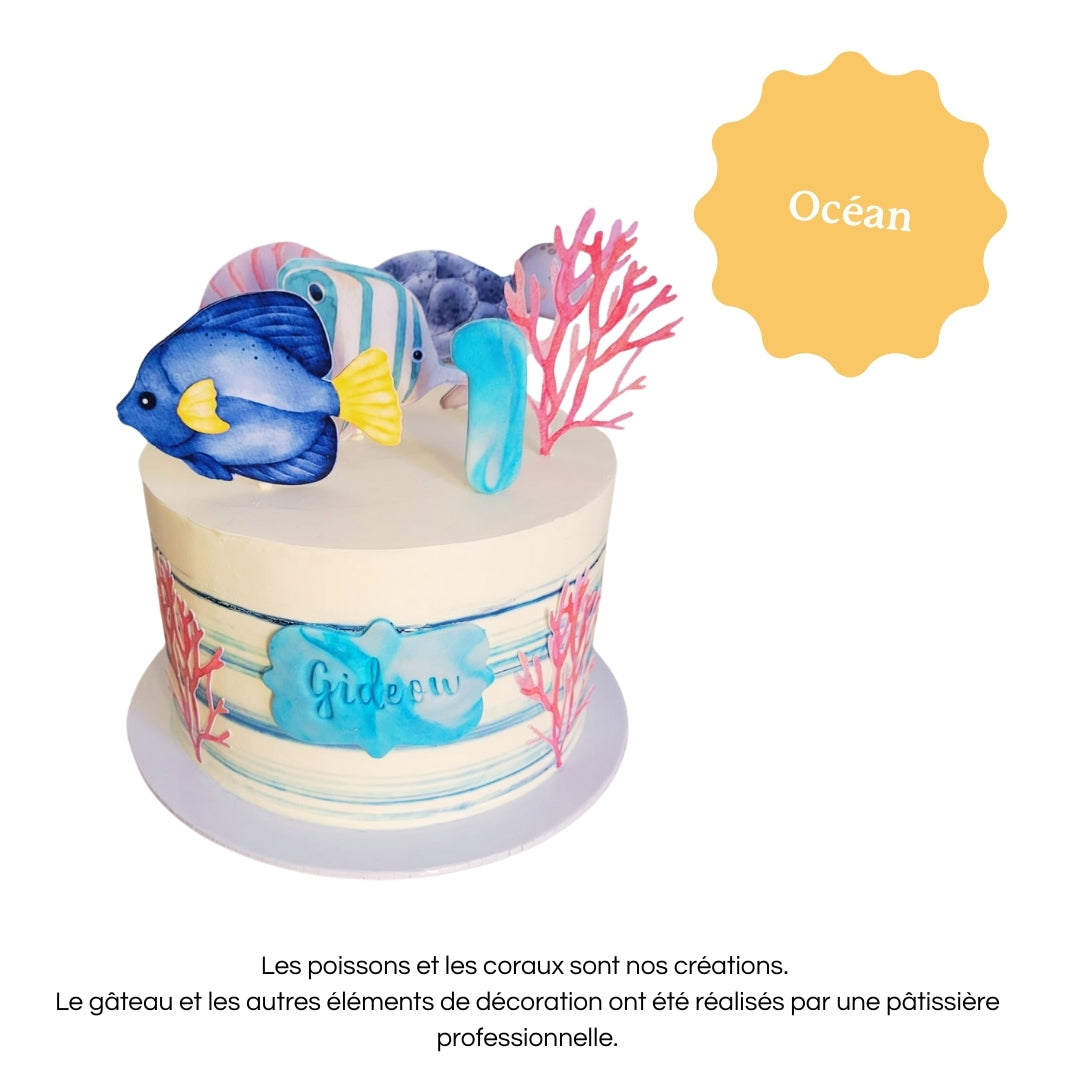 Cake topper personnalisé avec prénom et âge, décoration pour gâteau d’anniversaire mer, poissons, coraux.