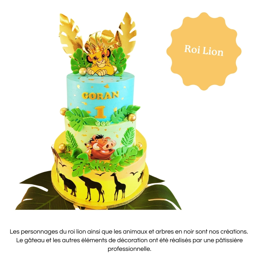 Cake topper personnalisé avec prénom et âge, décoration pour gâteau d’anniversaire roi lion.