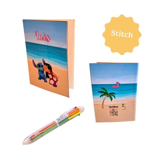 Carnet bloc note personnalisé avec stylo sur le thème de Stitch. Avec le prénom et l'âge de l'enfant. Pour cadeau d'anniversaire d'enfant