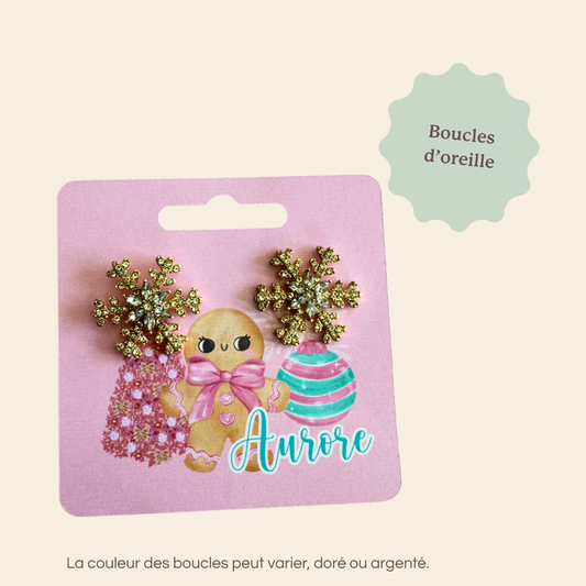 Boucles d'oreilles en flocons, dans un coffret cadeau de Noël personnalisé, pour femme. Un moment de soin et de bien-être Sur un thème tout en douceur et gourmandise, Candy Chic.