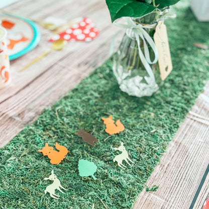 Décoration d'anniversaire animaux de la forêt avec chemin de table végétal