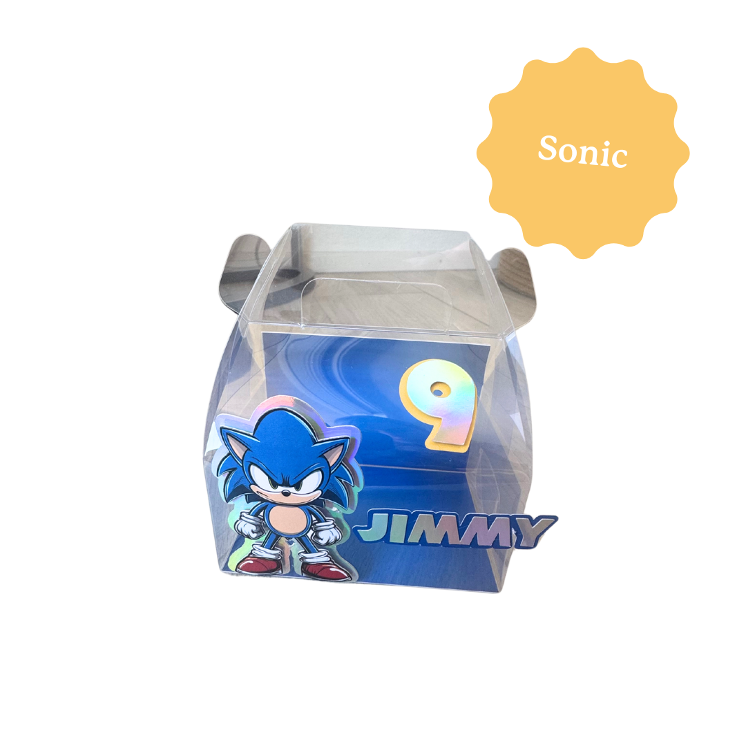 Boite cadeau personnalisée sur le thème de Sonic, avec le prénom et l'âge. Idéale pour les petits cadeaux à offrir à un anniversaire d'enfant. 