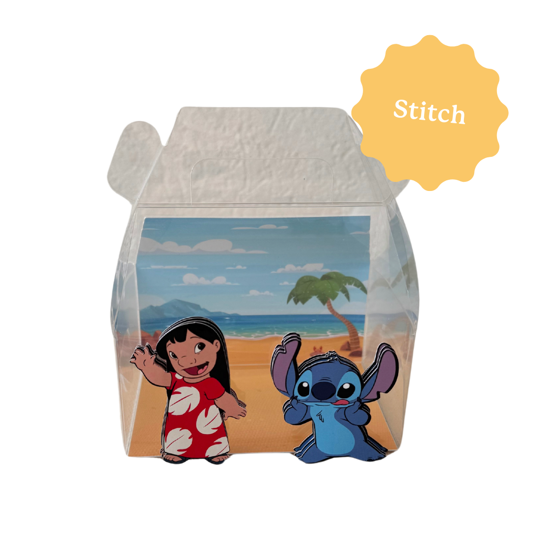 Boite cadeau personnalisée sur le thème de Stitch, avec le prénom et l'âge. Idéale pour les petits cadeaux à offrir à un anniversaire d'enfant. 