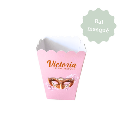 Boite à popcorn ou chips personnalisée sur le thème du bal masqué pour décorer la table d'un anniversaire ou tout autre événement.