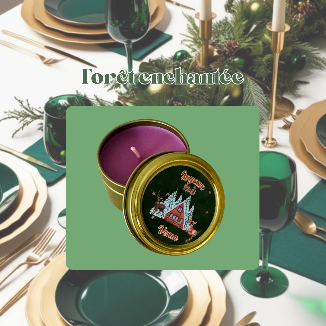 Bougie personnalisée de Noël thème Forêt Enchantée – ambiance naturelle et féerique
