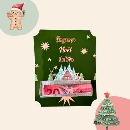 Carte porte-billet  personnalisée de Noël thème forêt enchantée – ambiance naturel et féerique 
