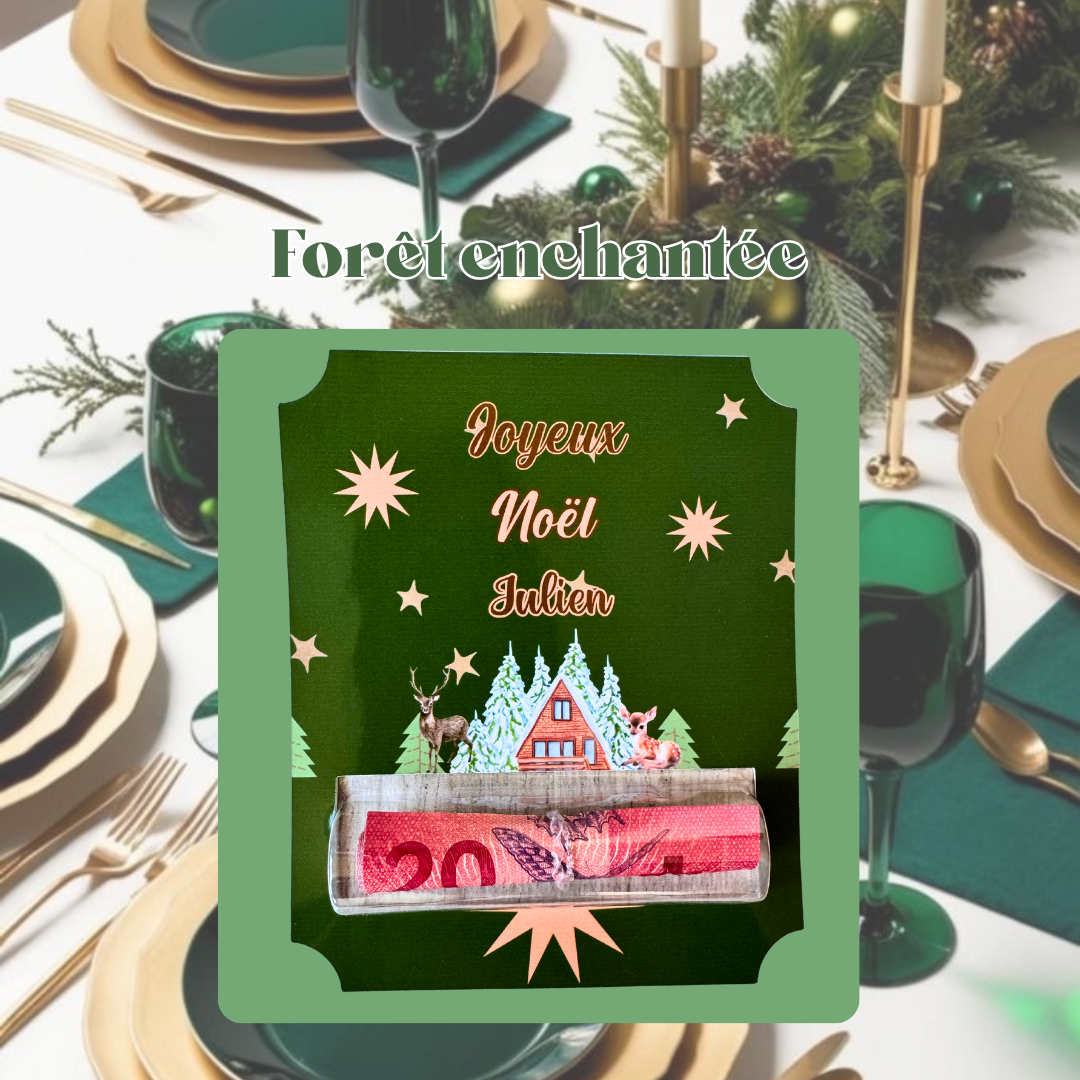 Carte porte-billet  personnalisée de Noël thème forêt enchantée – cadeau idéal et original