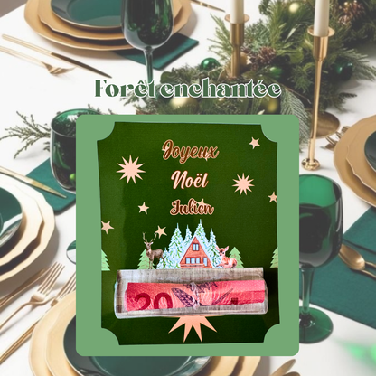 Carte porte-billet  personnalisée de Noël thème forêt enchantée – cadeau idéal et original