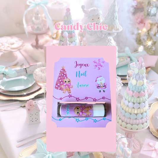 Carte avec stick à lèvres personnalisés cadeau de Noël, sur le thème Candy Chic – ambiance douce et sucrée