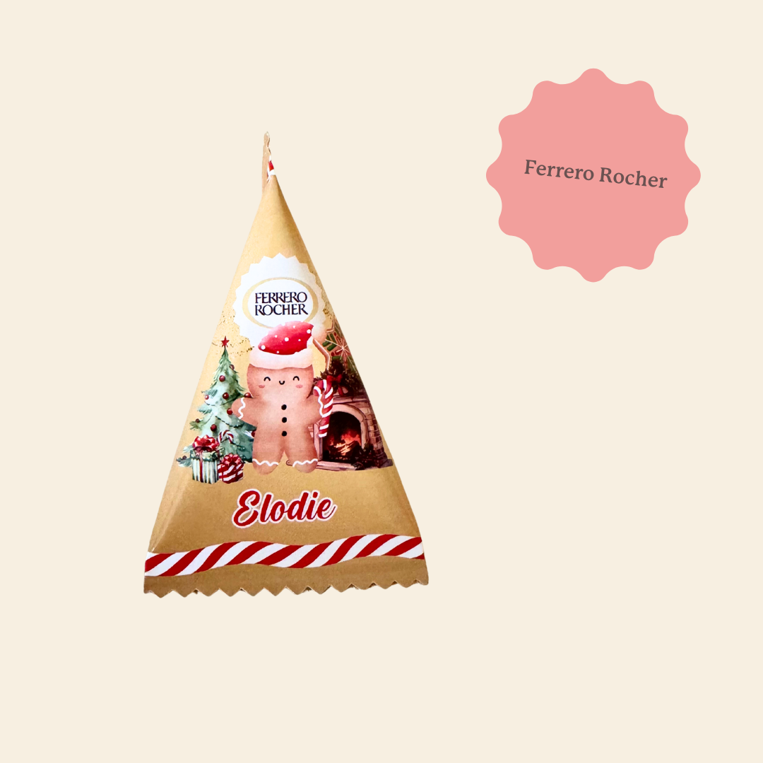 Coffret cadeau personnalisé pour Noël. Avec un chocolat Ferrero Rocher personnalisé. Idée cadeau de Noël homme et femme.