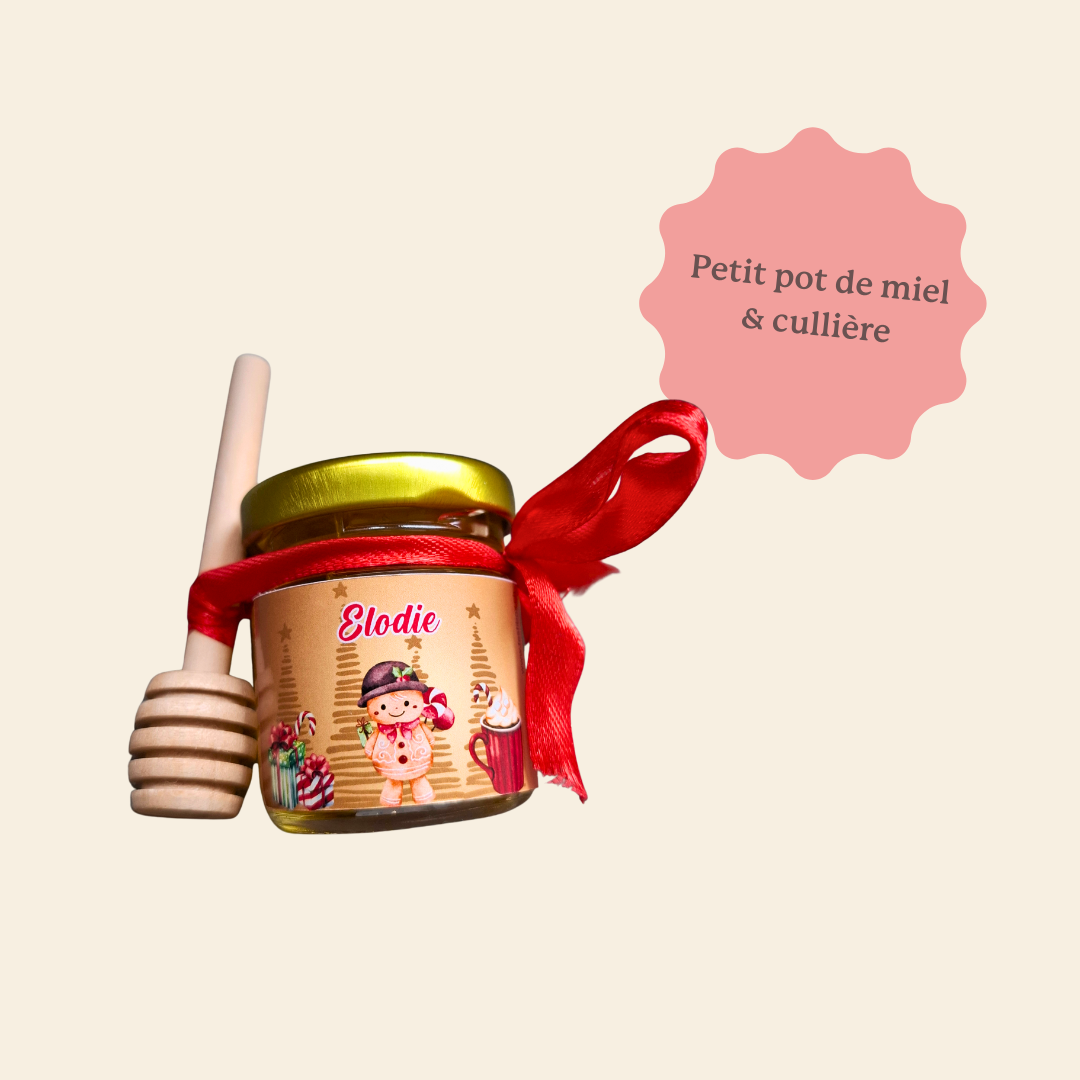 Coffret cadeau personnalisé pour Noël. Avec un petit pot de miel personnalisé. Idée cadeau de Noël homme et femme.