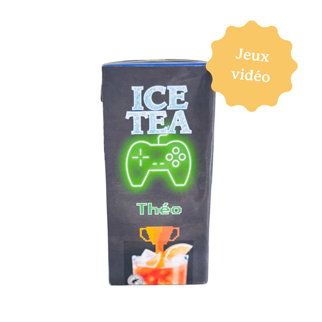 Brique de thé froid Migros personnalisé sur le thème des jeux vidéo. Sur le thème de ton choix, avec le prénom et l'âge. Idéal pour décorer une table ou comme cadeau souvenir pour un anniversaire. 