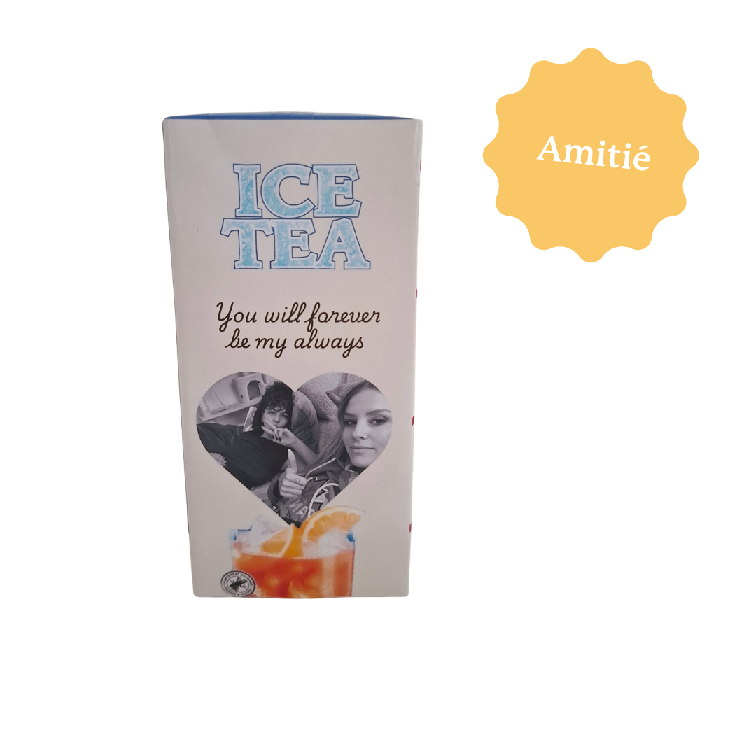 Brique de thé froid Migros personnalisé avec une photo. Idéal pour décorer une table ou comme cadeau pour tout événement et fête.