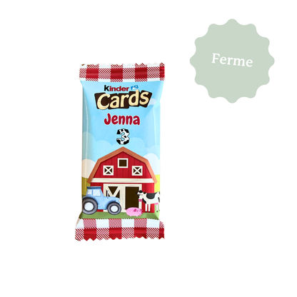 Chocolat Kinder Cards personnalisé sur le thème de la ferme avec le prénom et l'âge de l'enfant. Idéal comme petit cadeau pour les copains à un anniversaire d'enfant ou comme décoration sur la table.