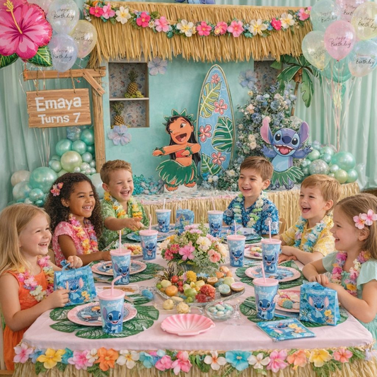 Kit de décoration d'anniversaire pour enfants sur le thème de Stitch et Angel. Tout le nécessaire pour une décoration de table et de salle sous les tropiques avec Stitch.