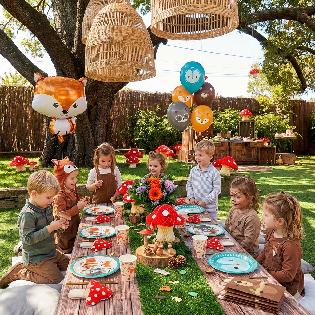 Kit de décoration d'anniversaire pour enfants sur le thème des animaux de la forêt. Tout le nécessaire pour la décoration de table et de salle aniamxu de la forêt. 