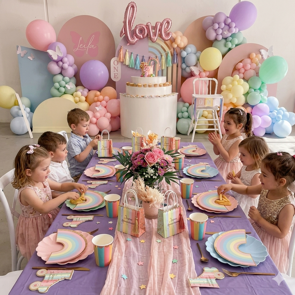 Kit de décoration d'anniversaire pour enfants sur le thème de l'arc-en-ciel. Tout le nécessaire pour une décoration de table et de salle avec des couleurs pastels et des arcs-en-ciel. 