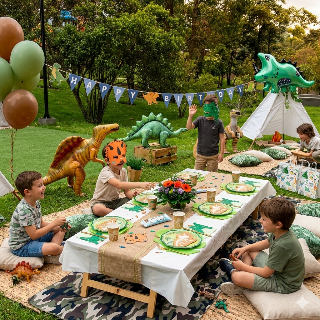 Kit de décoration pour anniversaire d'enfant sur le thème des dinosaures. Tout le nécessaire pour la décoration de table et de salle dino.