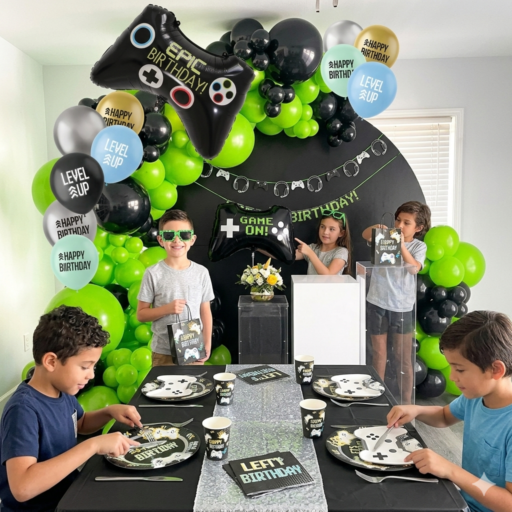 Kit de décoration d'anniversaire sur le thème des jeux vidéo. Tout le nécessaire pour une décoration de table et de salle pour gamer.