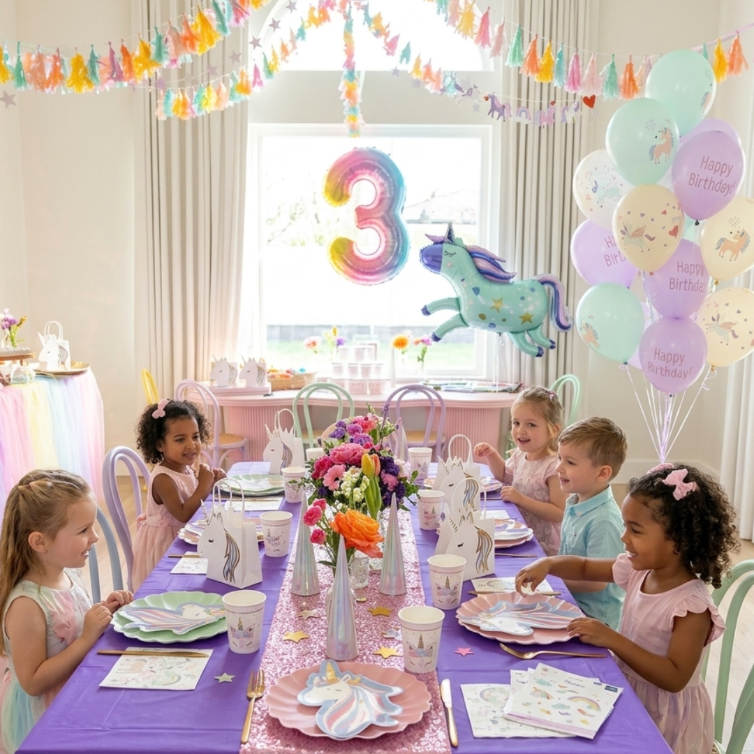 Kit de décoration d'anniversaire d'enfants sur le thème des licornes. Tout le nécessaire pour une décoration de table et de salle licorne.