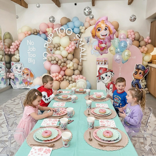 Kit de décoration d'anniversaire d'enfants sur le thème de Stella & Everest de la Pat'Patrouille.