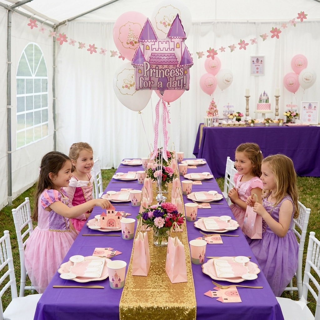 Kit complet de décoration d'anniversaire pour enfant sur le thème des princesses et des châteaux. Tout le nécessaire pour une décoration de table et de salle de princesse.