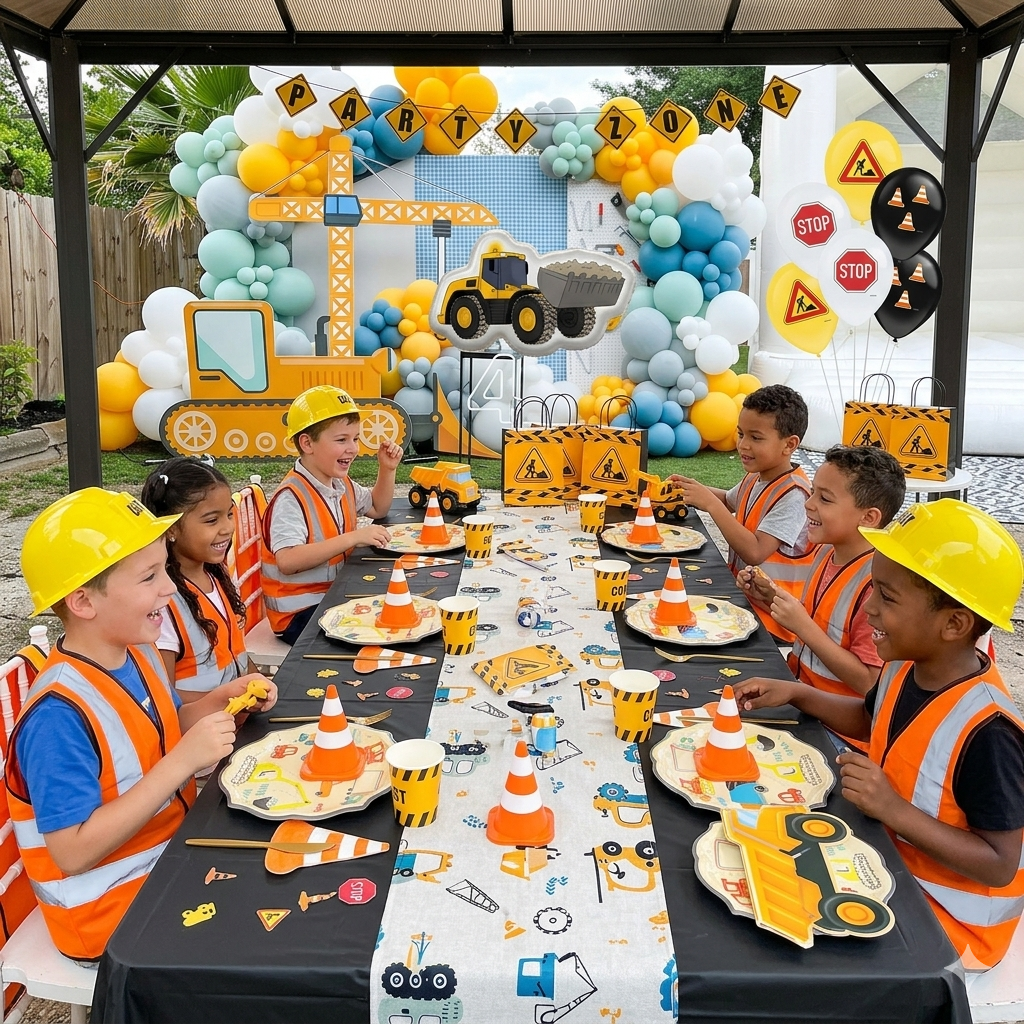 Kit de décoration d'anniversaire d'enfants sur le thème du chantier. Tout le nécessaire pour une décoration de table et de salle avec des machines de chantier et des panneaux de travaux.