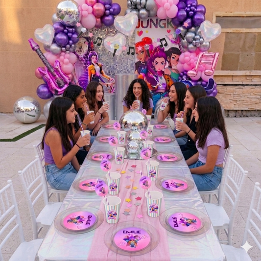 Kit complet de décoration d'anniversaire sur le thème de K-Pop Demon Hunter. Avec des assiettes, gobelets et pailles personnalisés avec le prénom. Unique et personnalisé !