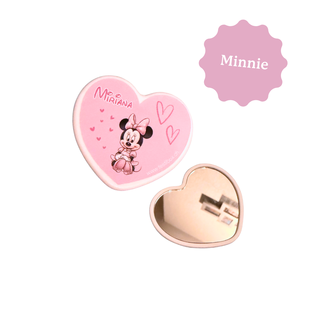 Miroir personnalisé sur le thèmes Minnie. Idéal comme cadeau souvenir pour les anniversaires d'enfant.