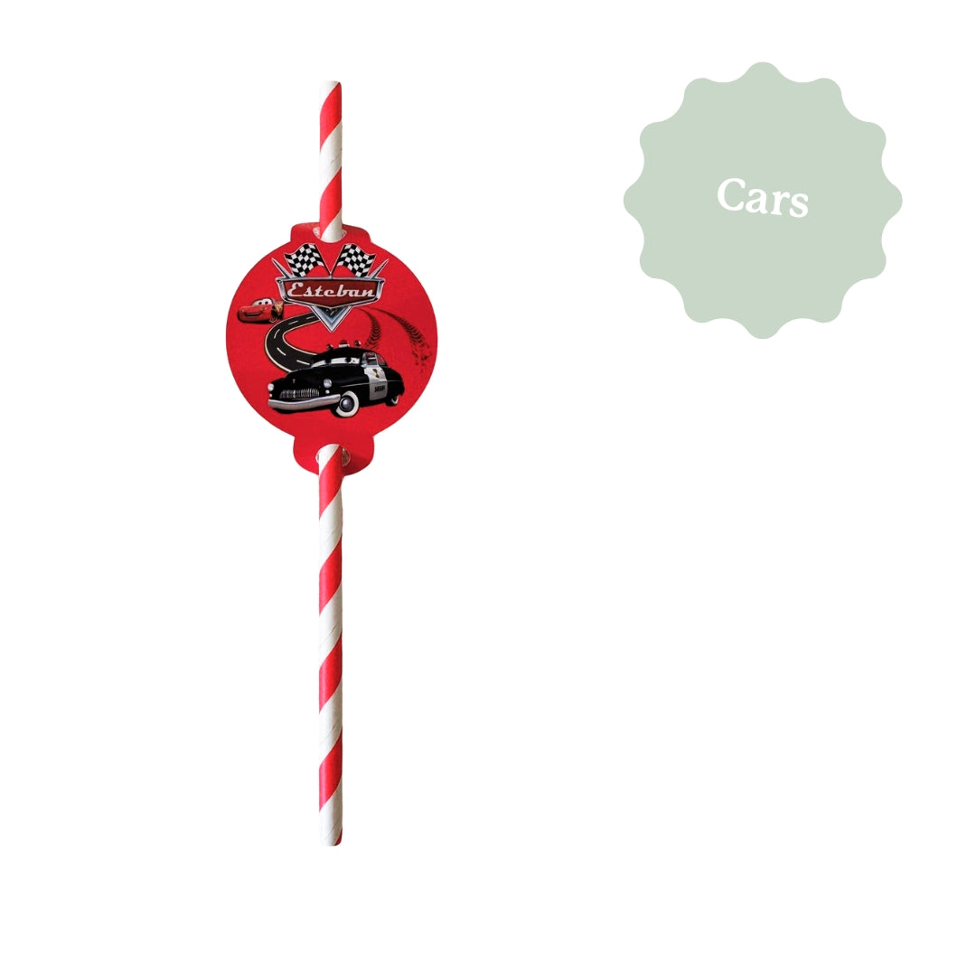 Paille personnalisée sur le thème de Cars, pour un anniversaire d'enfant.
