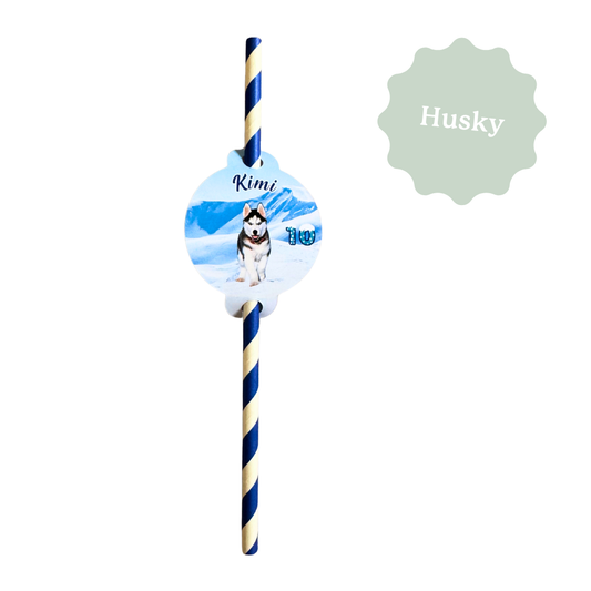 Paille personnalisée sur le thème des chiens Husky pour un anniversaire d'enfant.