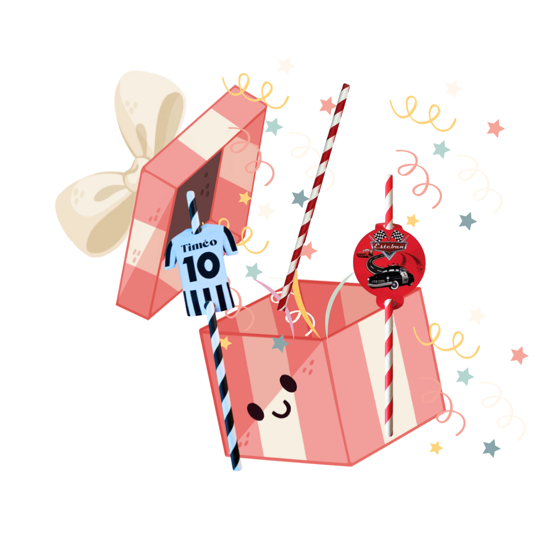 Paille personnalisée sur le thème de ton choix, pour s'accorder à la décoration d'anniversaire de ton enfant.
