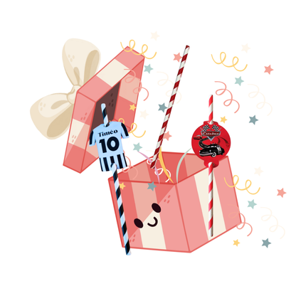 Paille personnalisée sur le thème de ton choix, pour s'accorder à la décoration d'anniversaire de ton enfant.