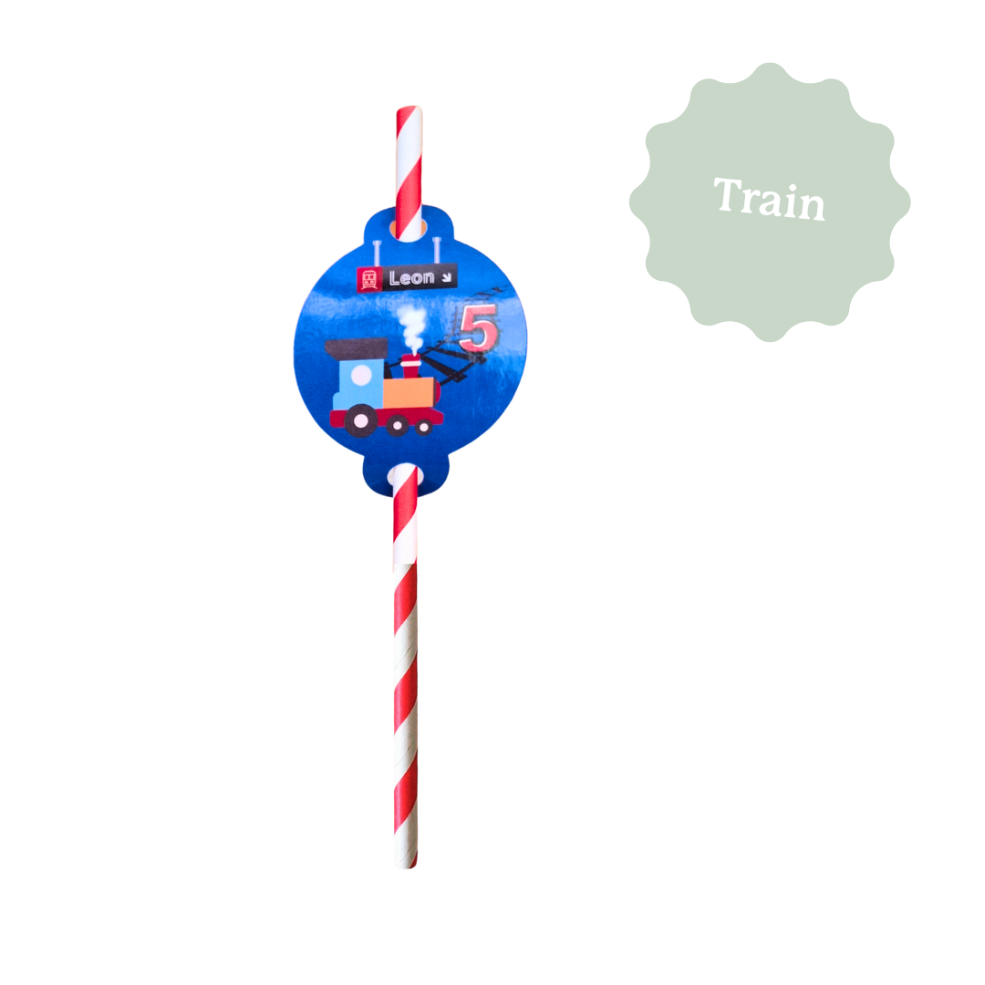 Paille personnalisée sur le thème des trains et locomotives, pour un anniversaire d'enfant.