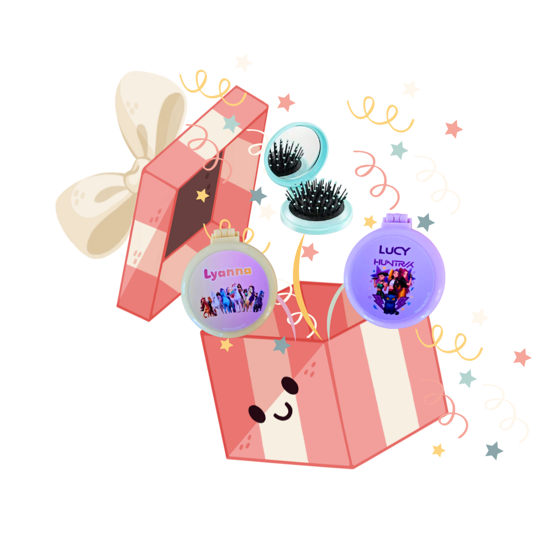 Brosse à cheveux pliable avec miroir intégré, personnalisée avec prénom, sur un thème au choix.